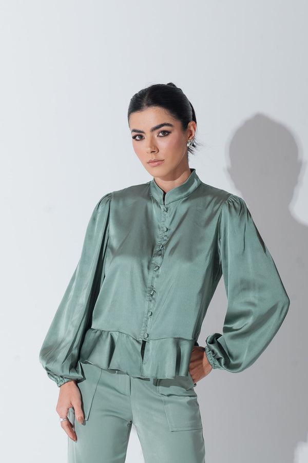 Camisa Acetinada Lisandra Verde Menta Saphir