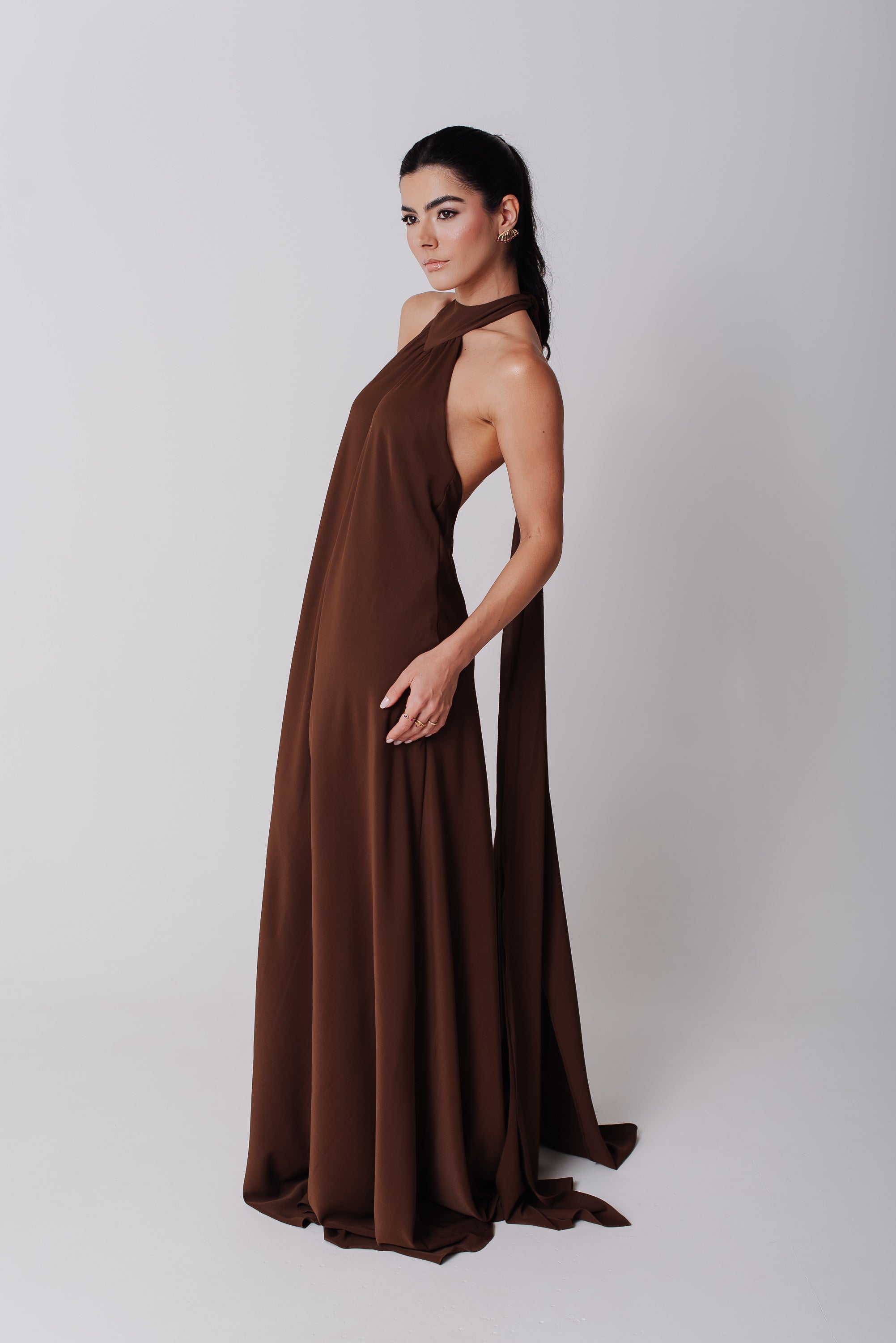 Vestido Frente Única Longo Mariana Marrom Saphir