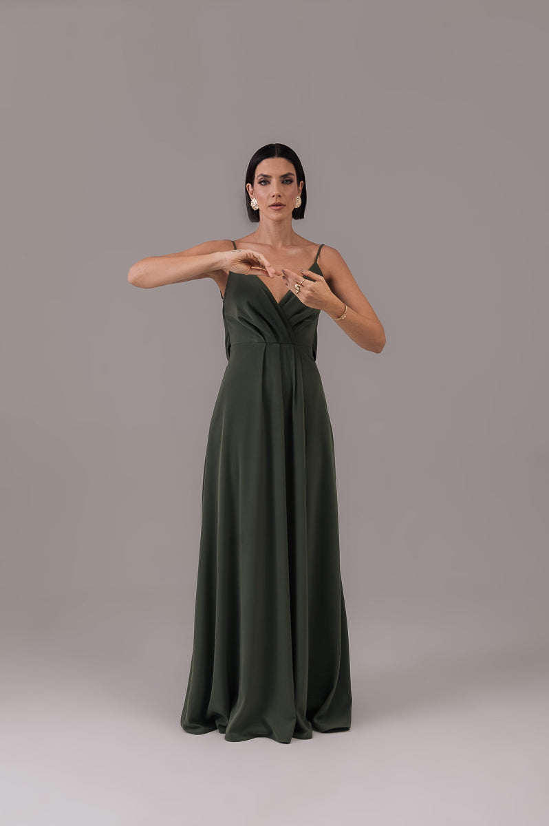 Vestido Longo Decote Costas Regina Verde Militar Saphir