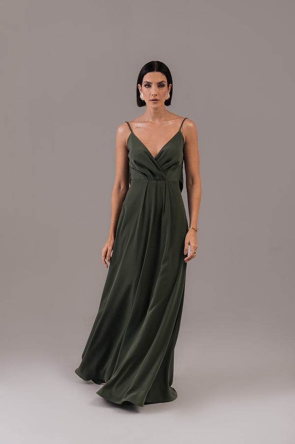 Vestido Longo Decote Costas Regina Verde Militar Saphir