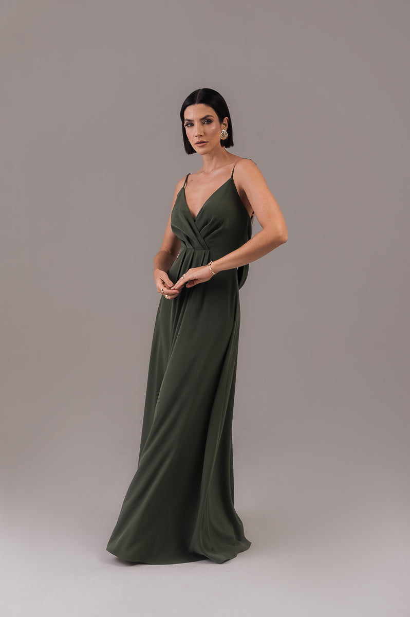 Vestido Longo Decote Costas Regina Verde Militar Saphir