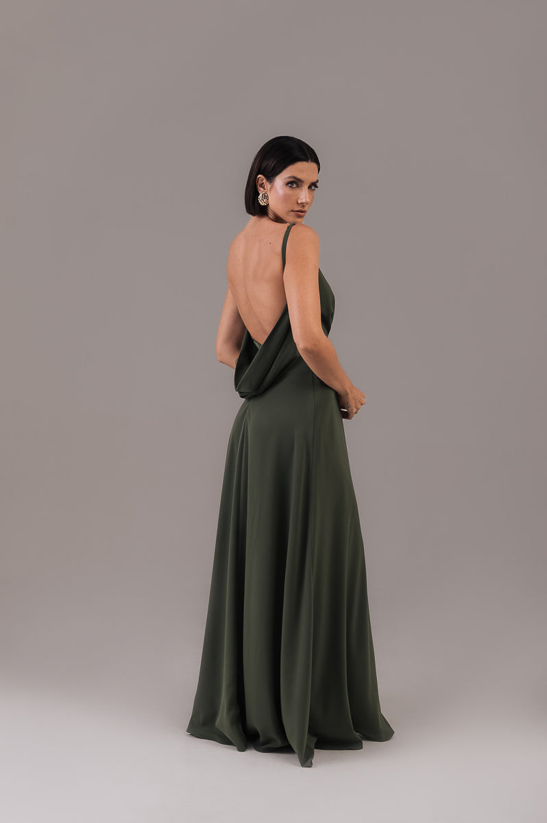 Vestido Longo Decote Costas Regina Verde Militar Saphir