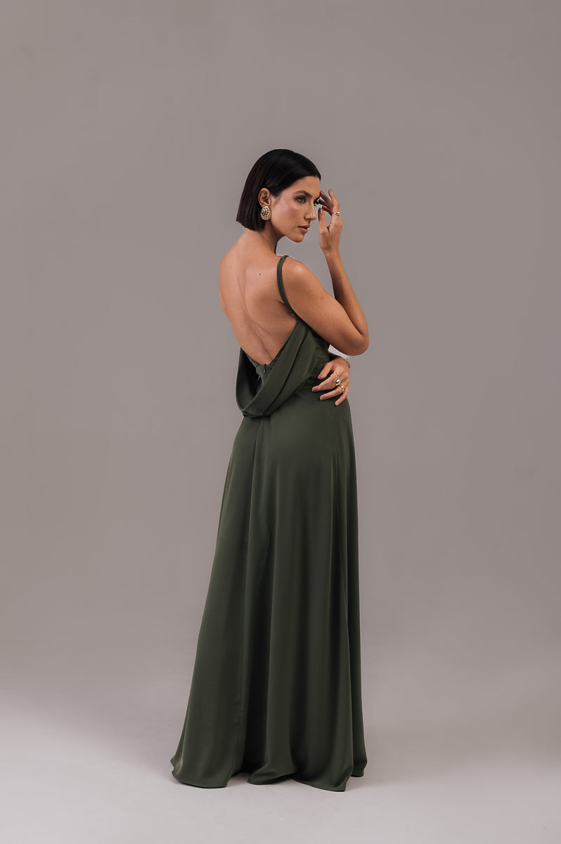 Vestido Longo Decote Costas Regina Verde Militar Saphir