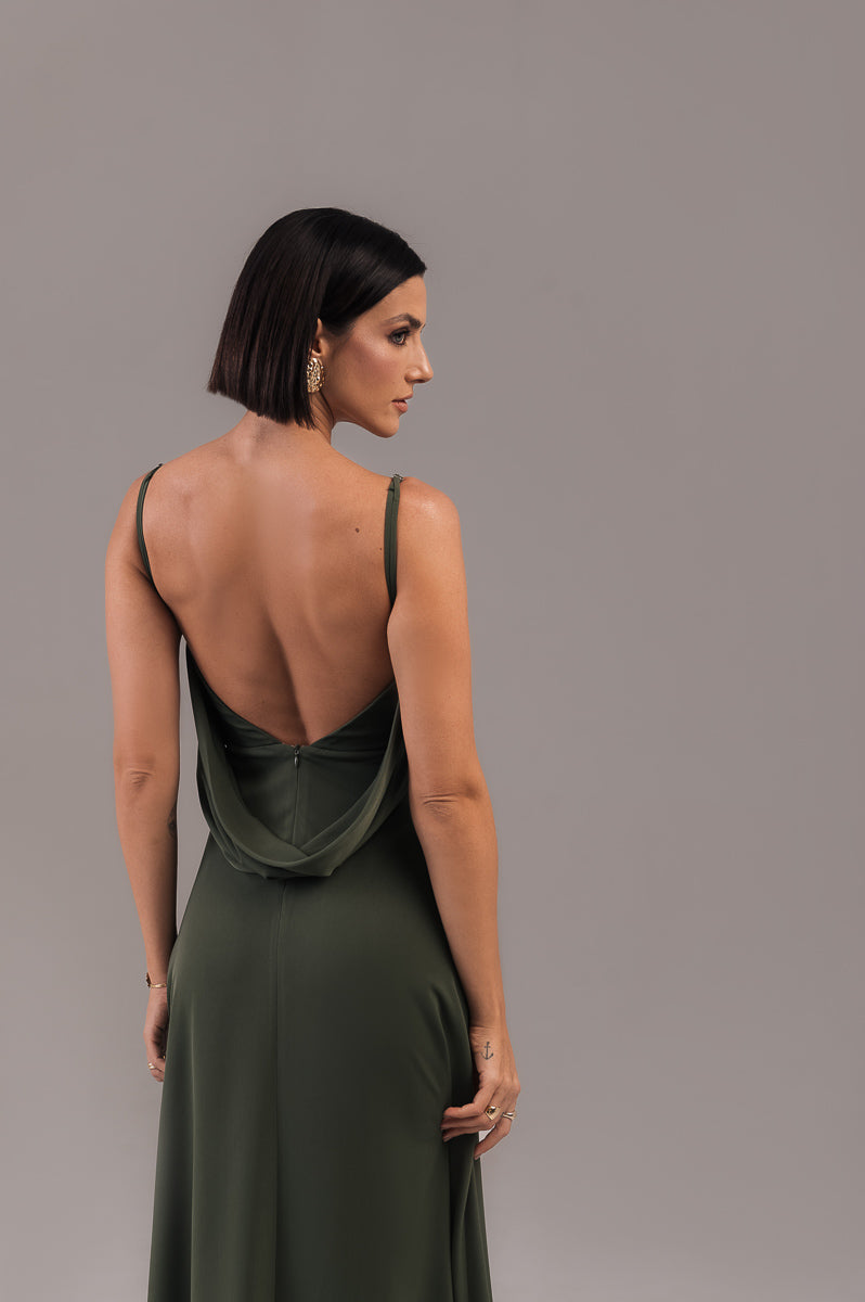 Vestido Longo Decote Costas Regina Verde Militar Saphir