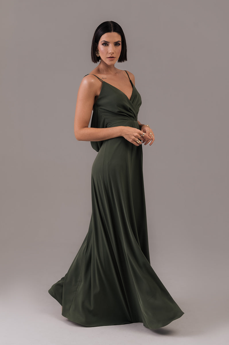 Vestido Longo Decote Costas Regina Verde Militar Saphir