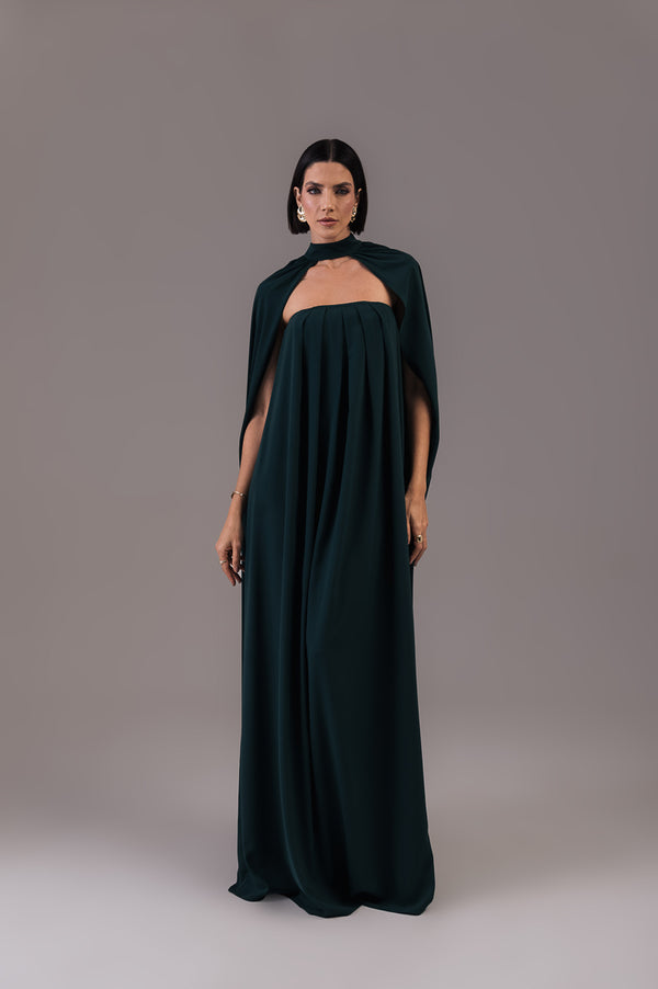 Vestido Longo com Capa Júlia Verde Botanik Saphir