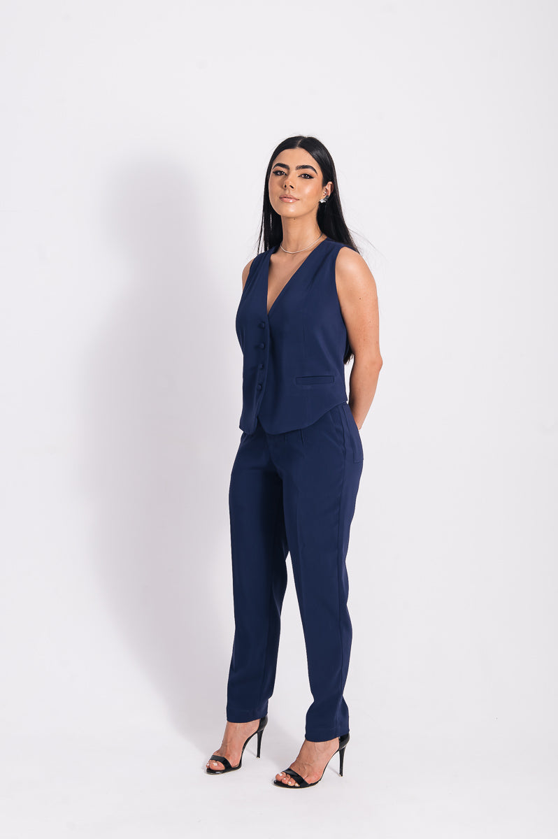 Calça Reta Alfaiataria Feminina Mafê Navy Blue Saphir