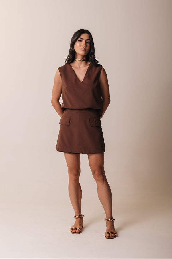 Short Saia Alfaiataria Virgínia Marrom Saphir