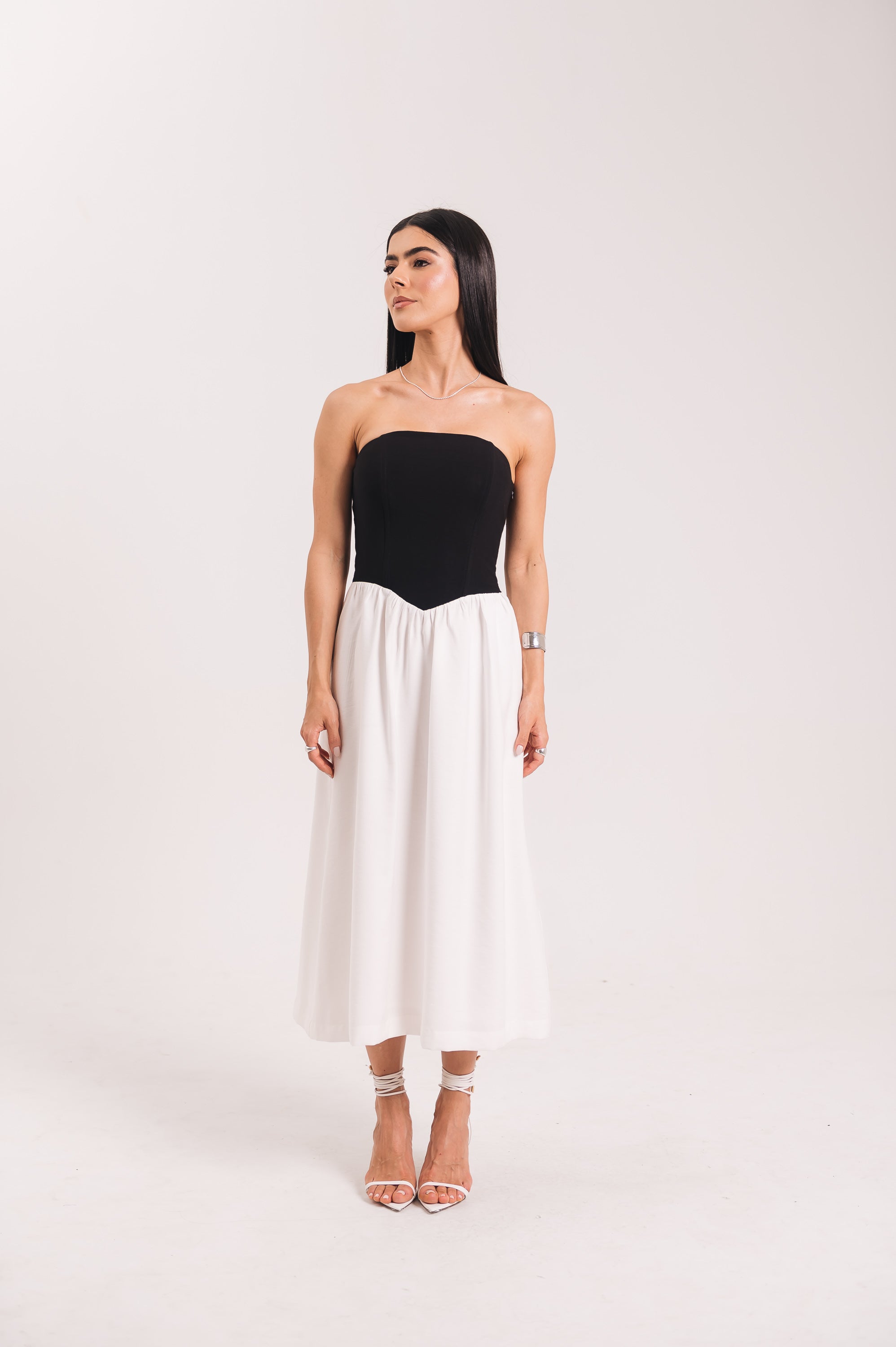 Vestido Midi Moniz Preto e Off White Saphir