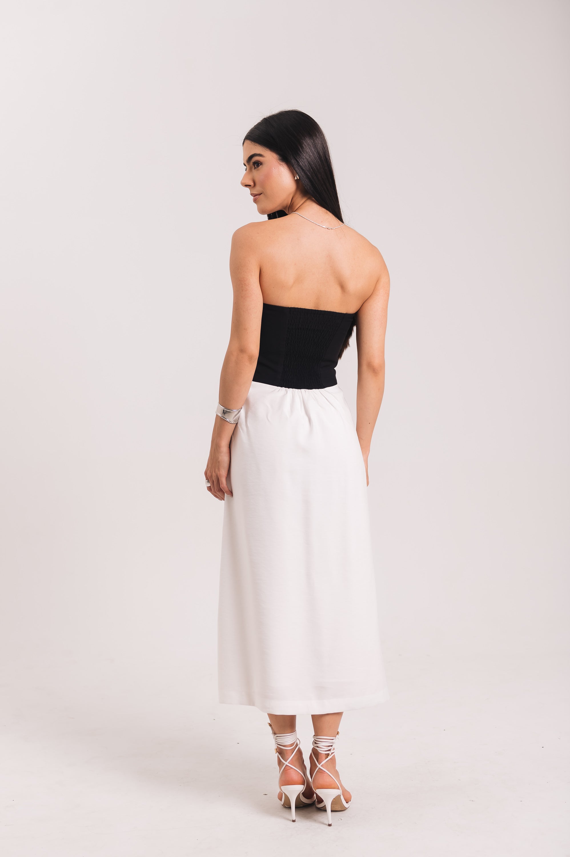 Vestido Midi Moniz Preto e Off White Saphir