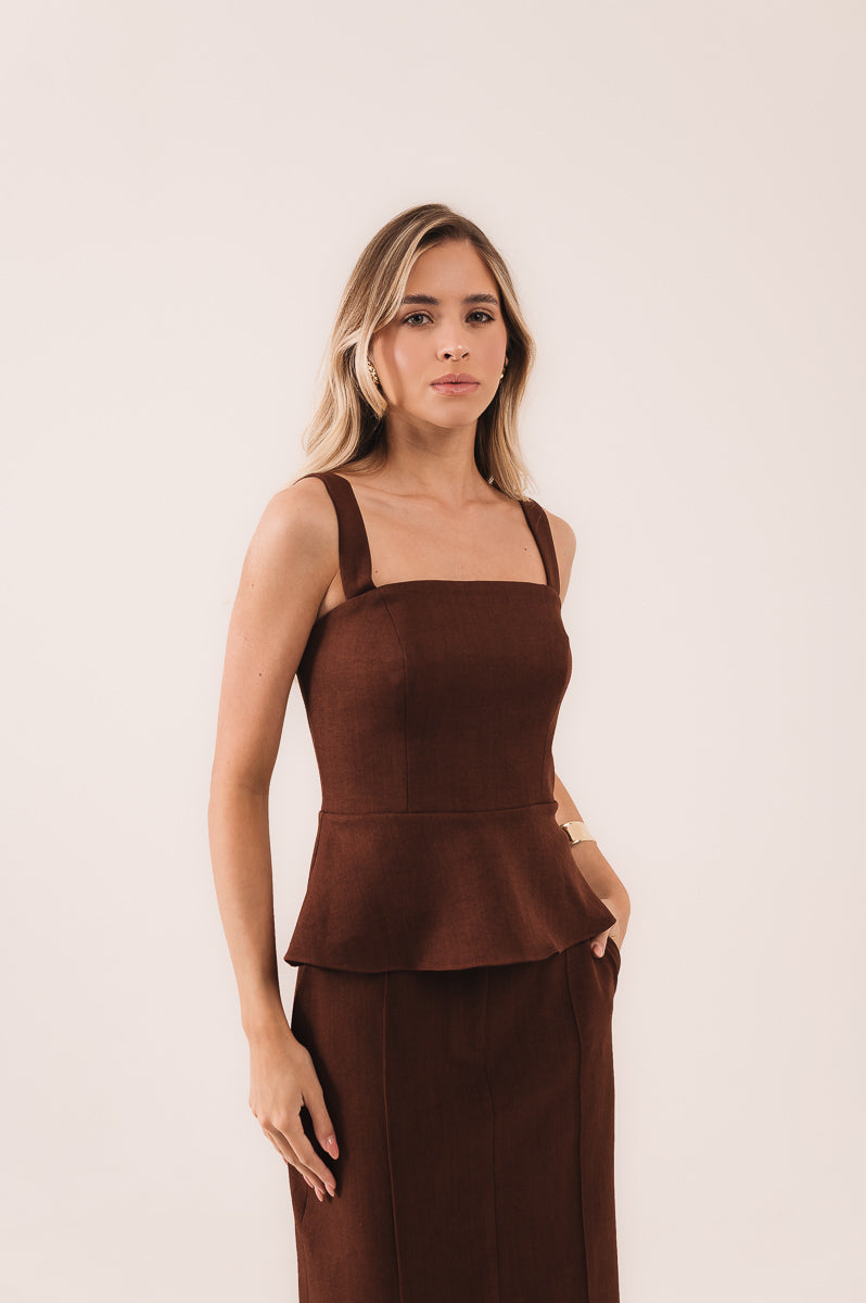 Blusa Peplum Cinto Removível Cora Marrom Saphir