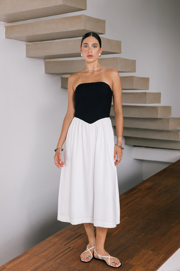 Vestido Midi Moniz Preto e Off White Saphir