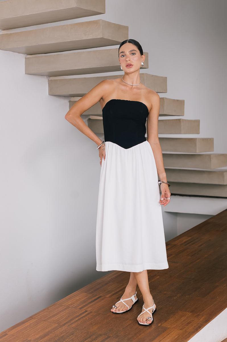 Vestido Midi Moniz Preto e Off White Saphir