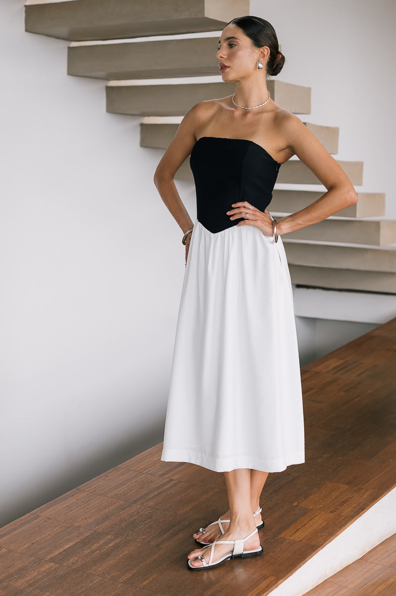 Vestido Midi Moniz Preto e Off White Saphir