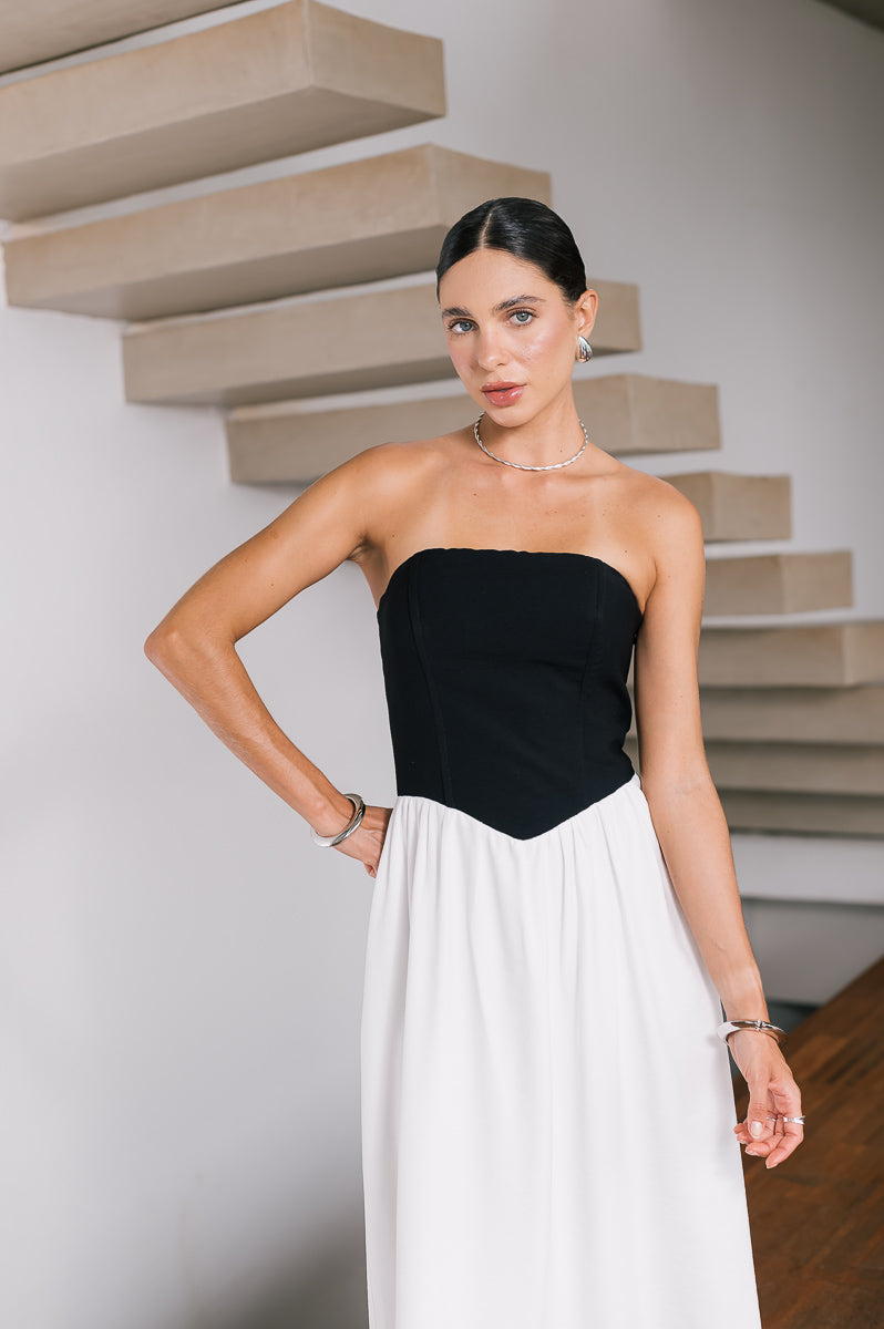 Vestido Midi Moniz Preto e Off White Saphir