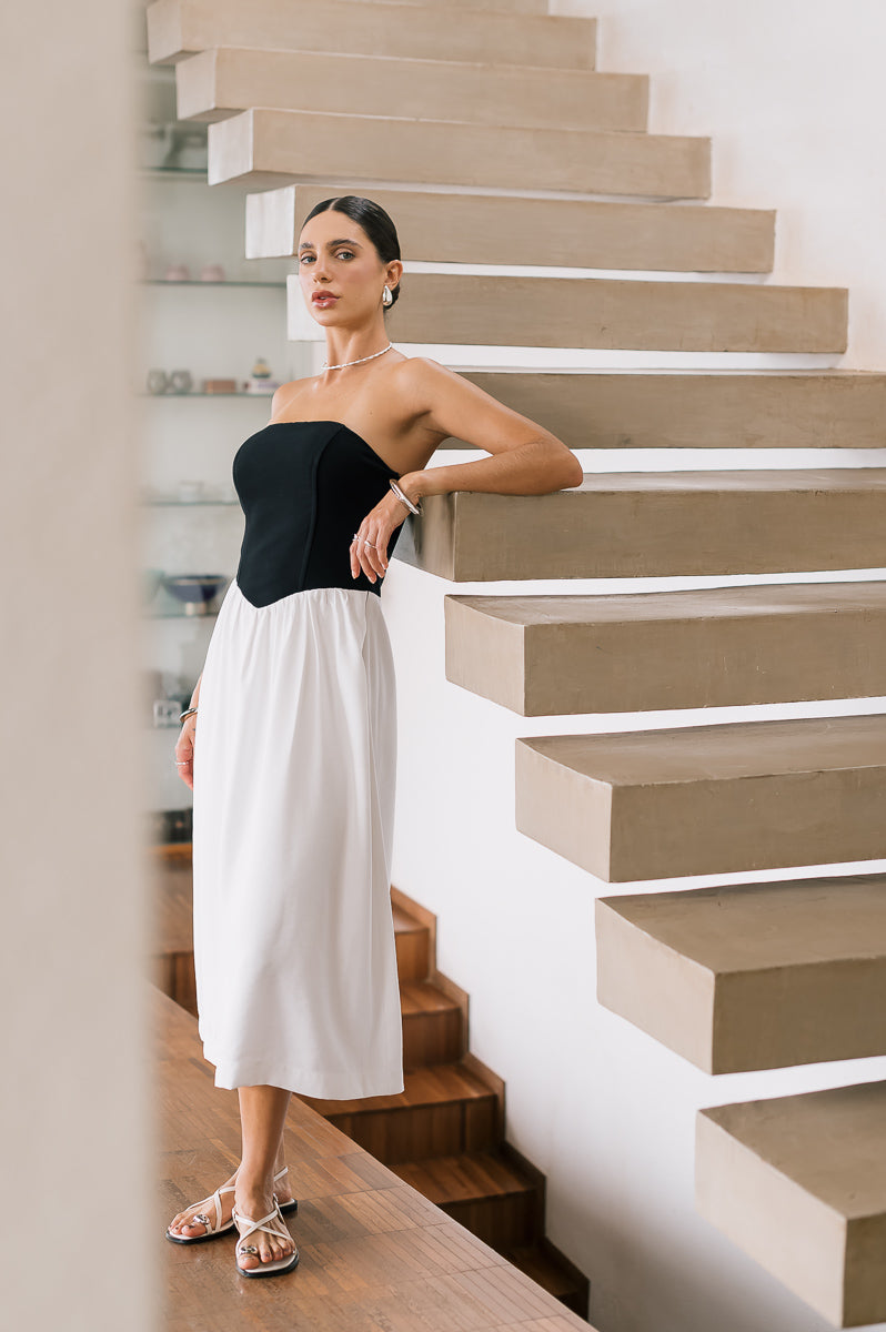 Vestido Midi Moniz Preto e Off White Saphir