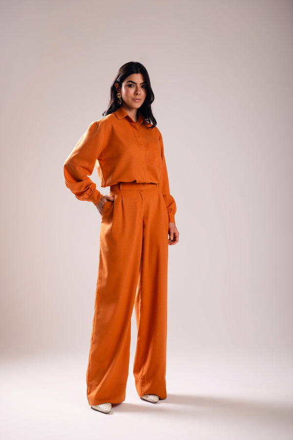 Calça Pantalona Linho Olívia Caramelo Saphir (Pré-Venda)