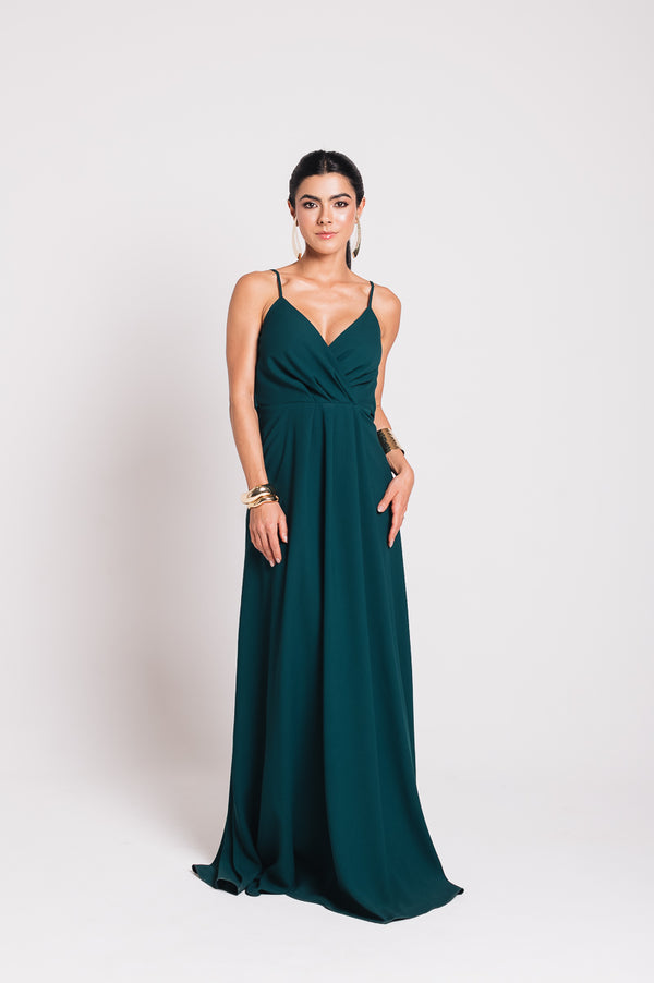 Vestido Longo Decote Costas Regina Verde Botanik Saphir (Pré-Venda)