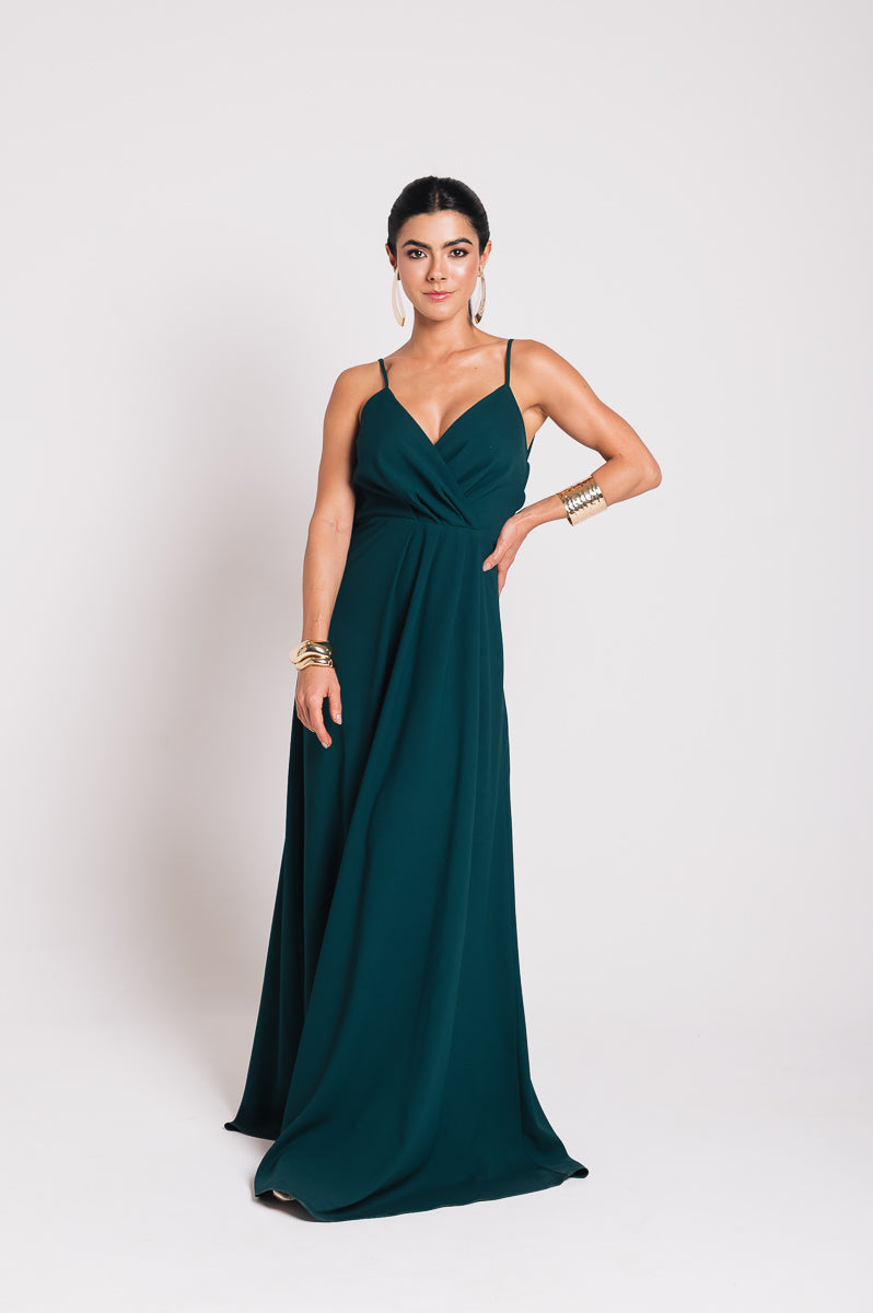 Vestido Longo Decote Costas Regina Verde Botanik Saphir (Pré-Venda)