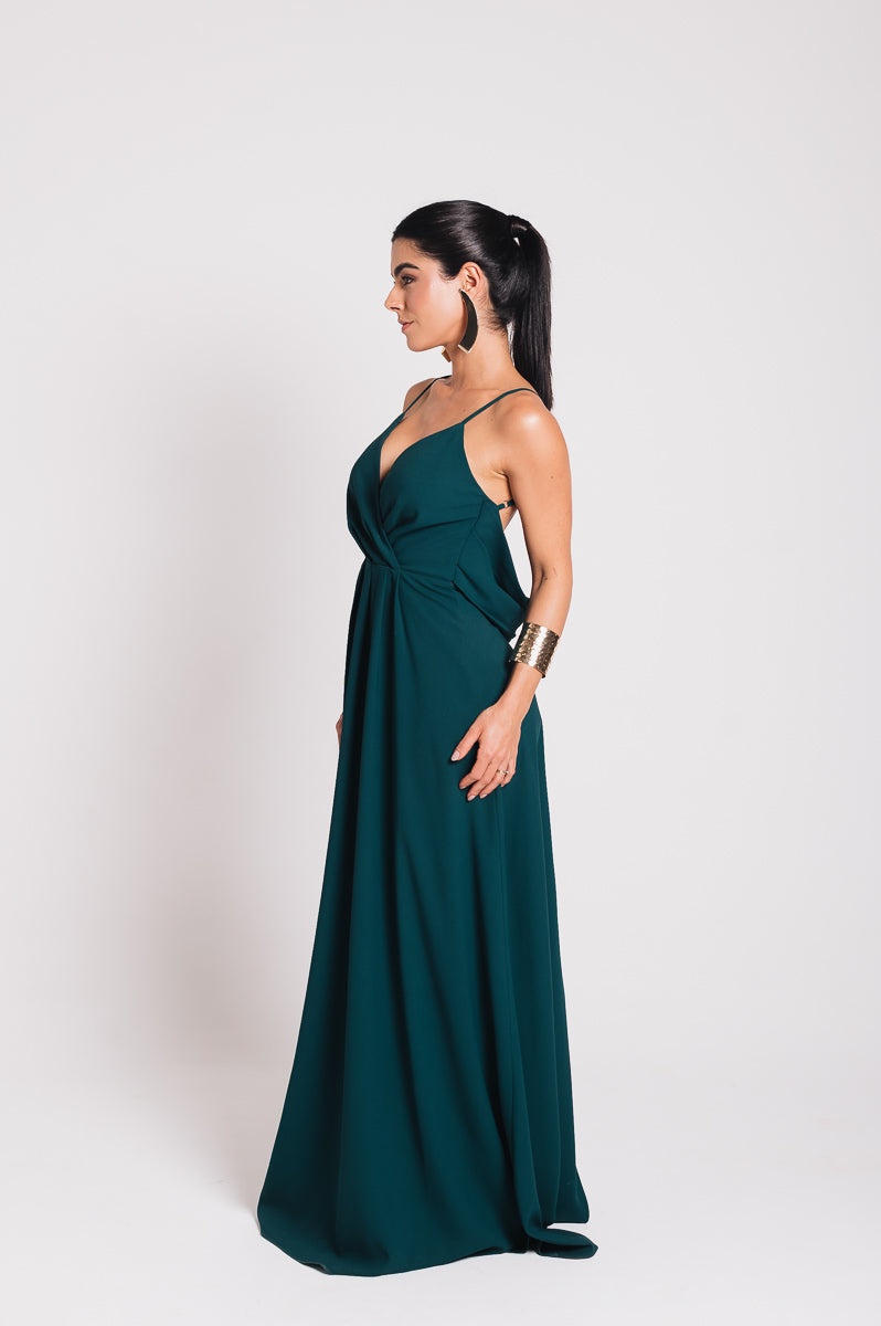 Vestido Longo Decote Costas Regina Verde Botanik Saphir (Pré-Venda)