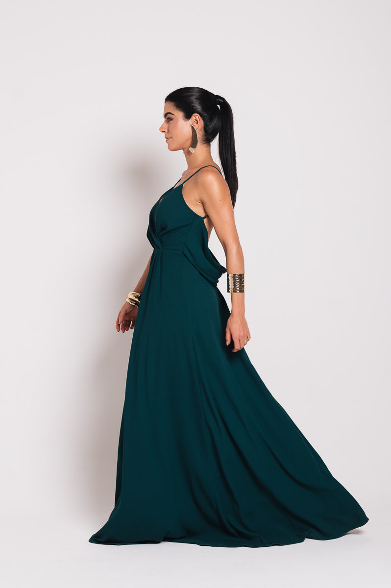 Vestido Longo Decote Costas Regina Verde Botanik Saphir (Pré-Venda)