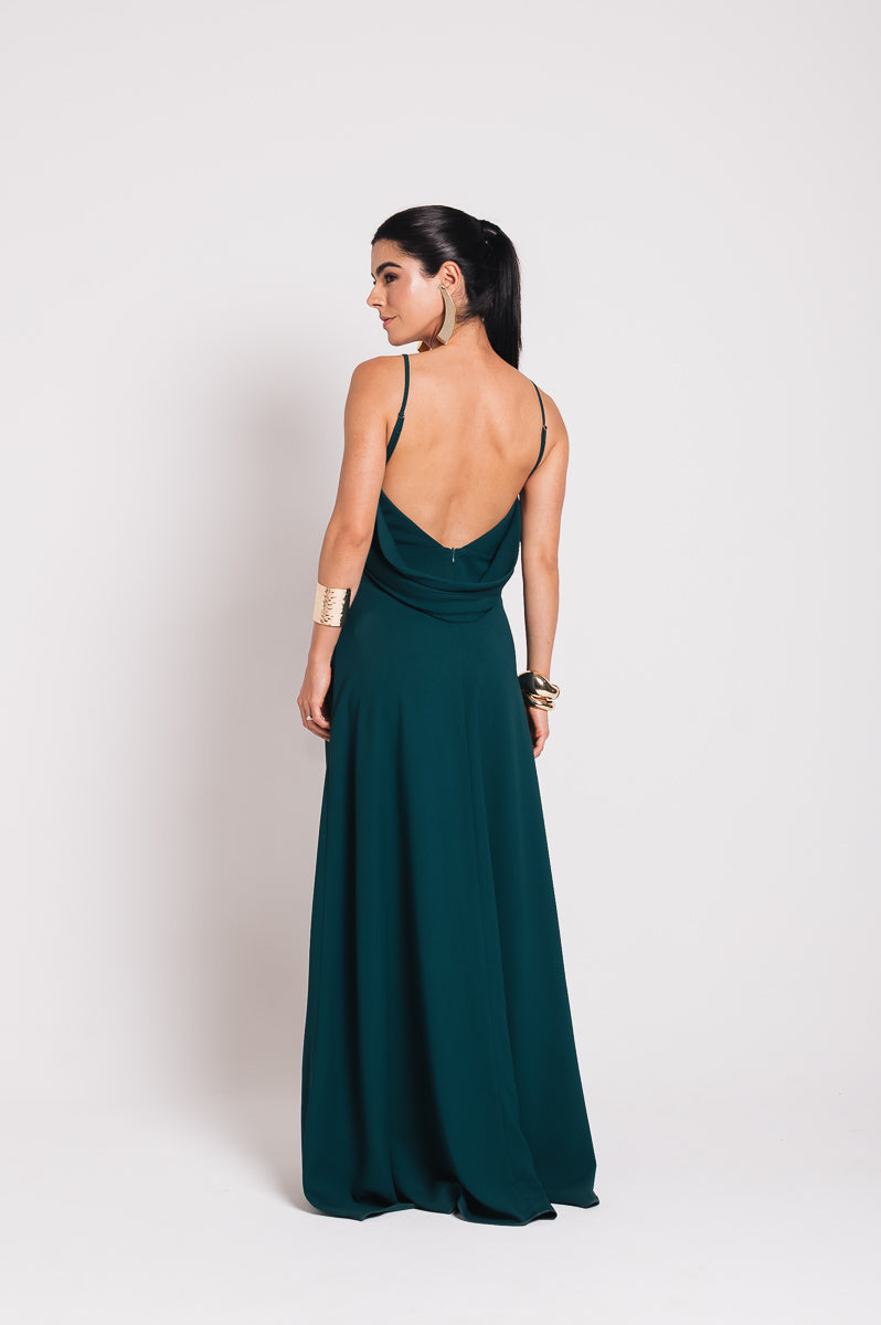 Vestido Longo Decote Costas Regina Verde Botanik Saphir (Pré-Venda)