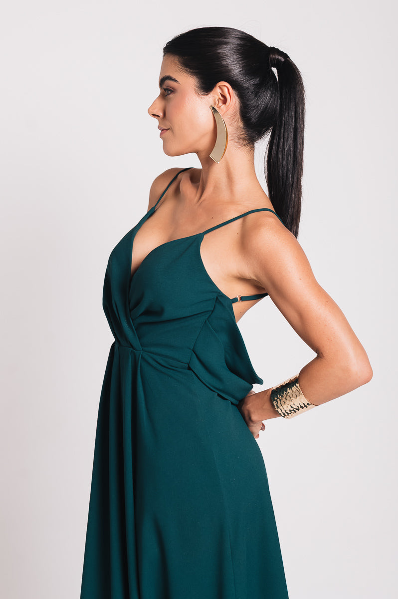 Vestido Longo Decote Costas Regina Verde Botanik Saphir (Pré-Venda)