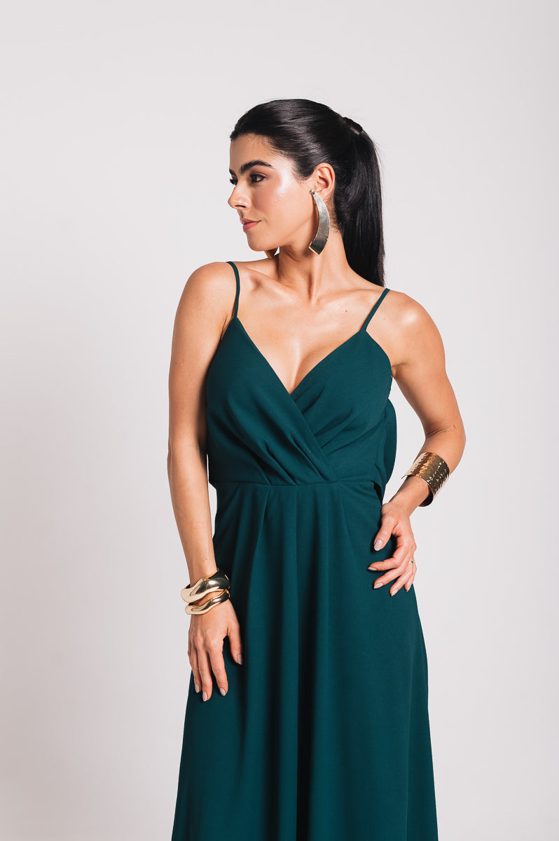 Vestido Longo Decote Costas Regina Verde Botanik Saphir (Pré-Venda)