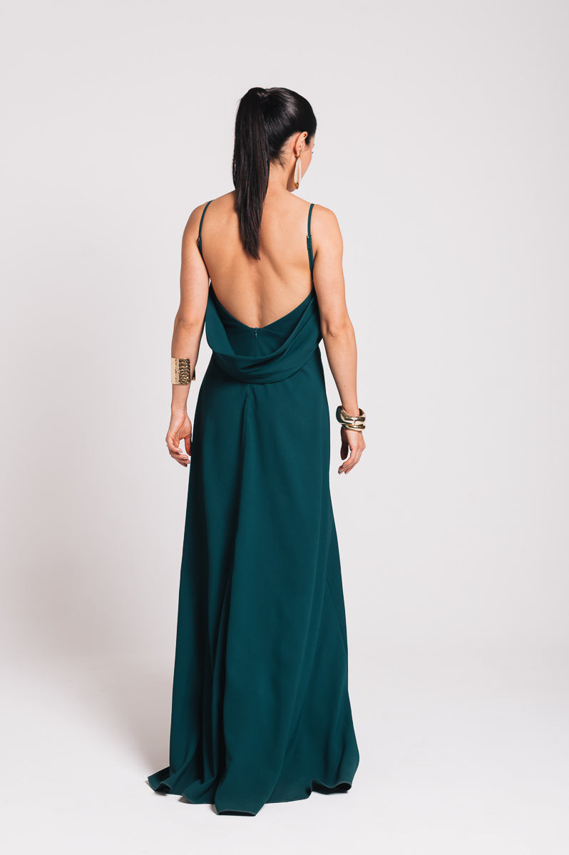 Vestido Longo Decote Costas Regina Verde Botanik Saphir (Pré-Venda)