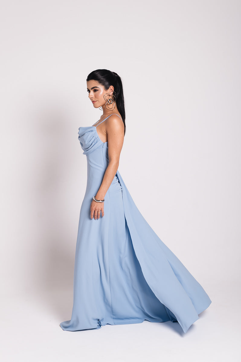 Vestido Longo Fluido Zélia Azul Serenity Saphir (Pré-Venda)