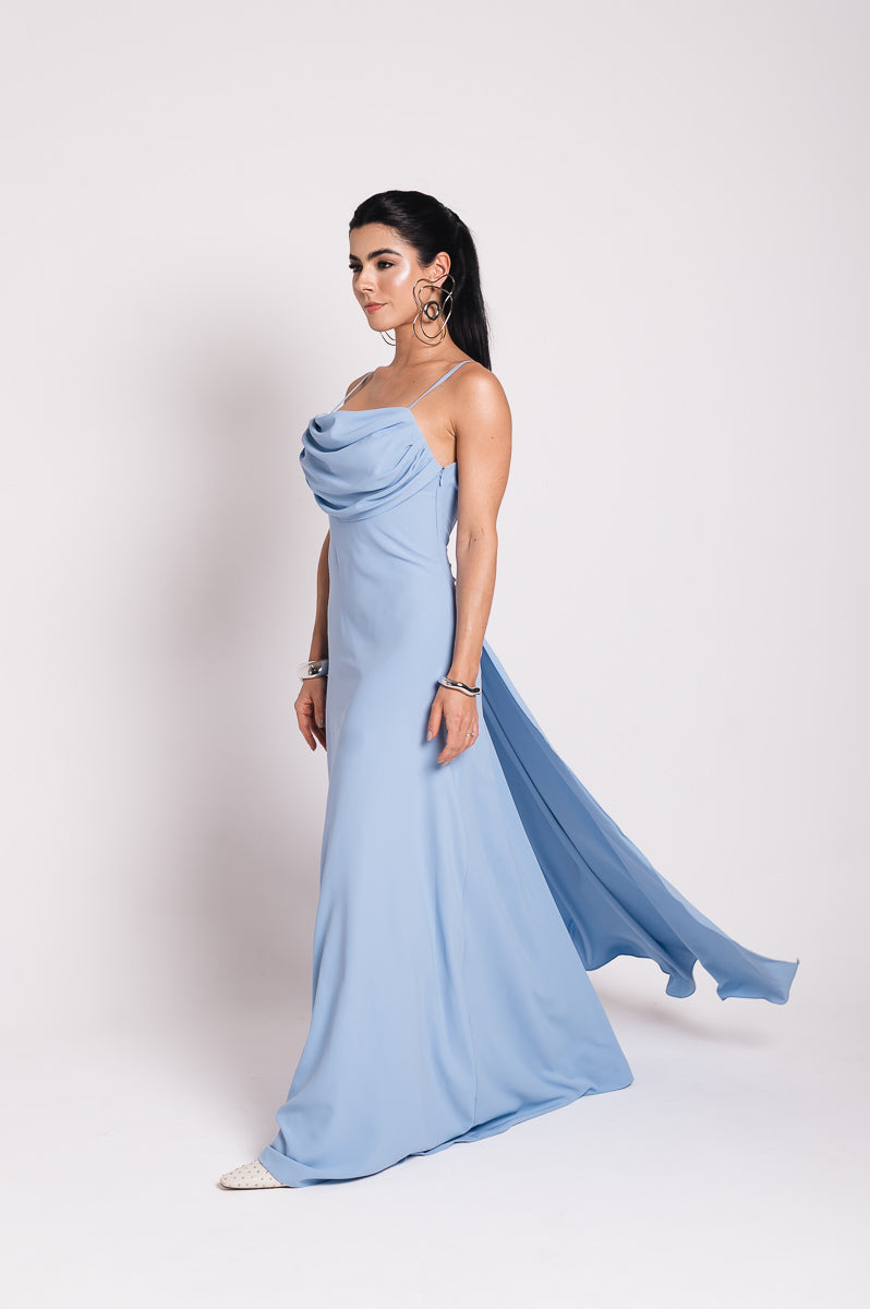 Vestido Longo Fluido Zélia Azul Serenity Saphir (Pré-Venda)