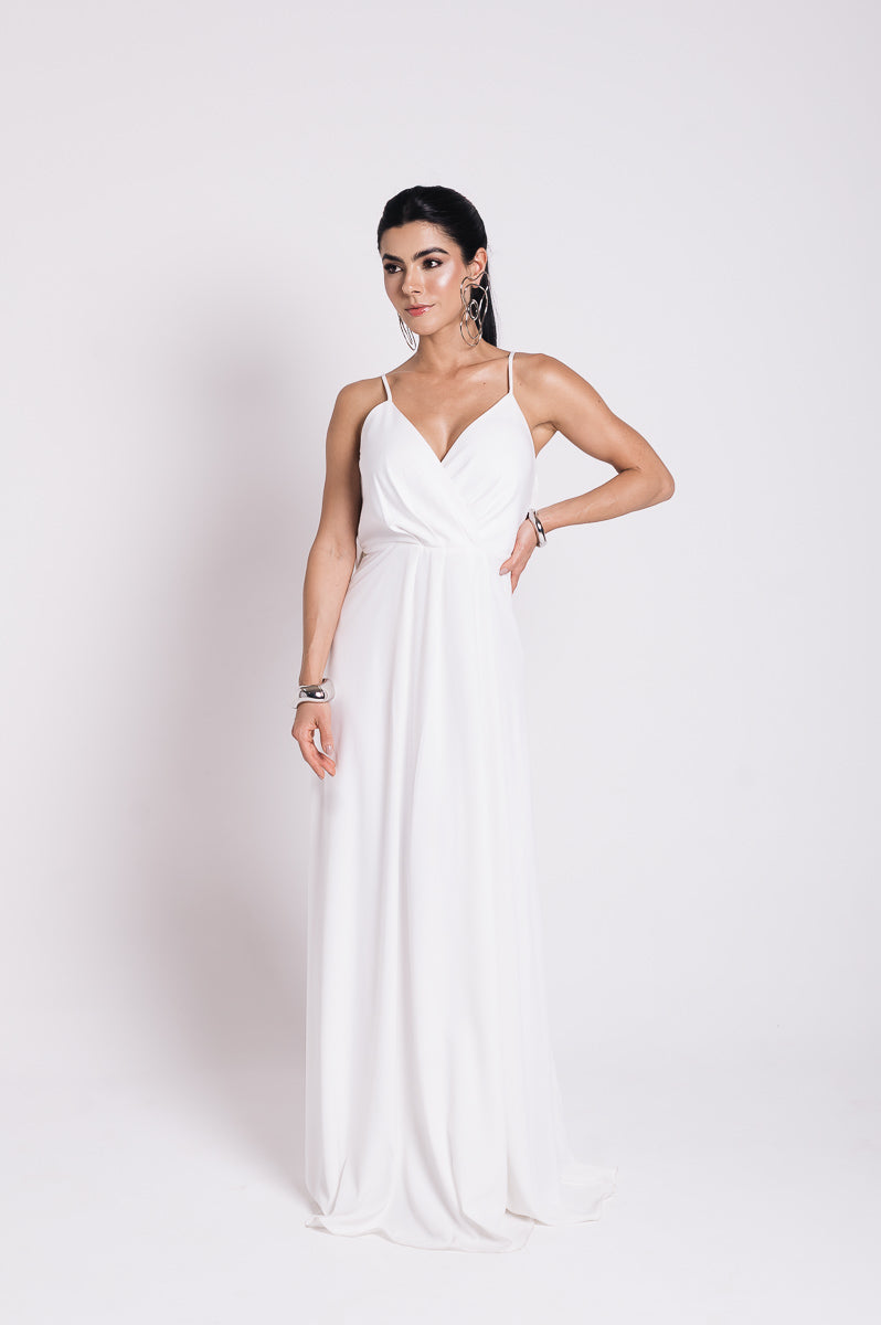 Vestido Longo Decote Costas Regina Off White Saphir (Pré-Venda)